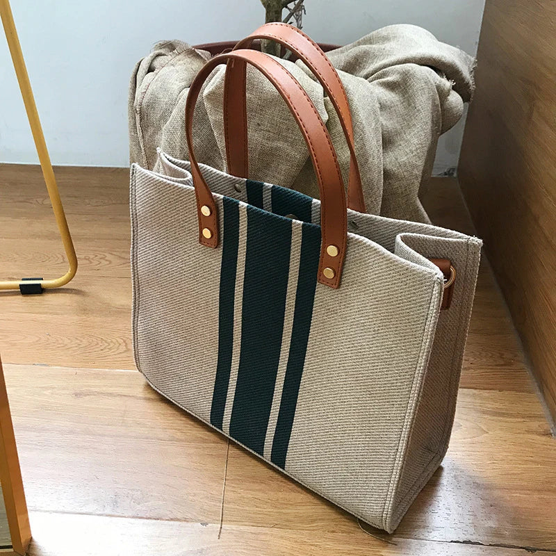 Sac Cabas Élégant en Tissu avec Rayures